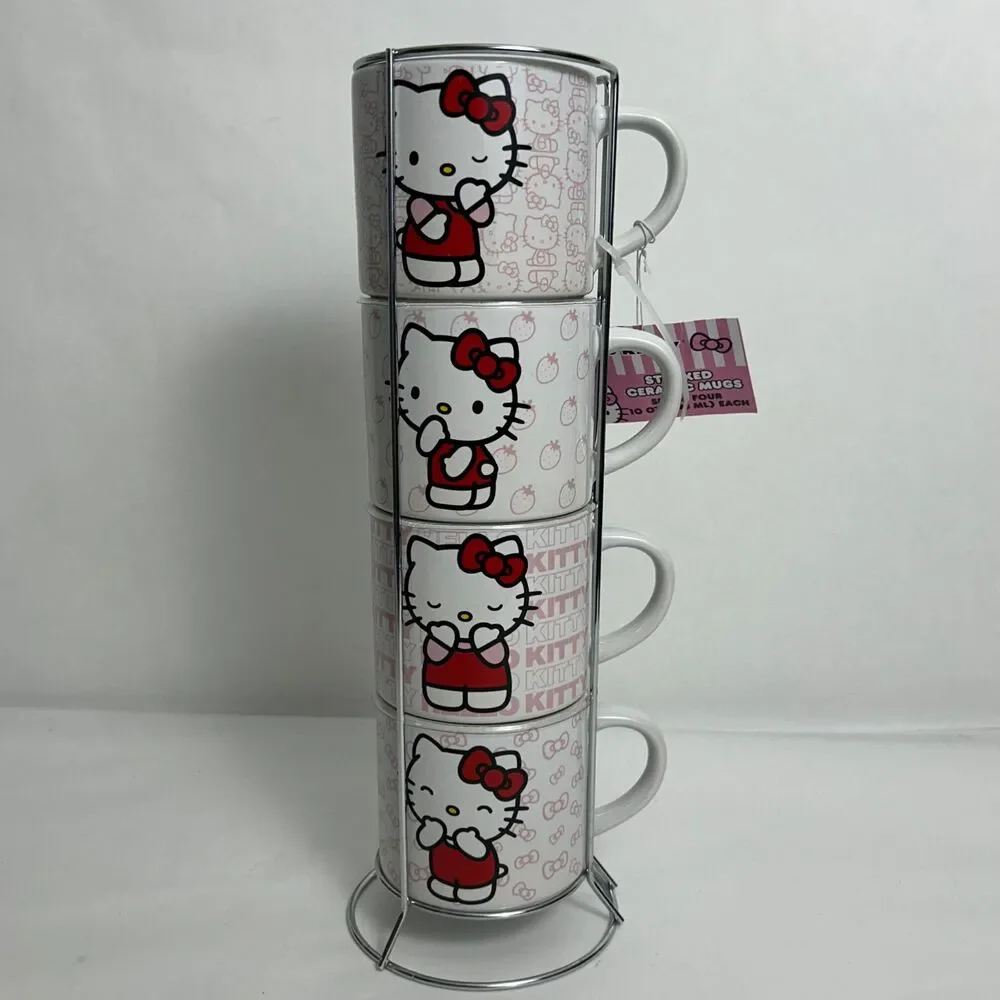 Hello Kitty Mug Set of 4 Stacked White Pink Red 10 oz Cups